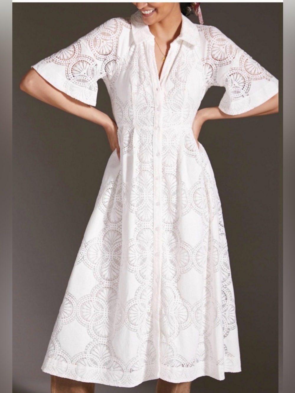 Maeve White Eyelet Button-Front Midi Dress